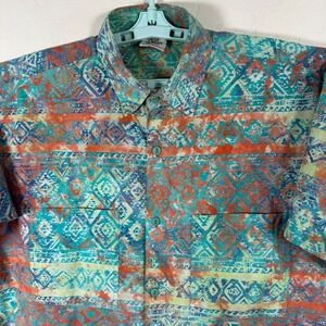 Rum Reggae Shirt Mens Large Blue Button Up Aztec Floral Hawaiian Camp Batik